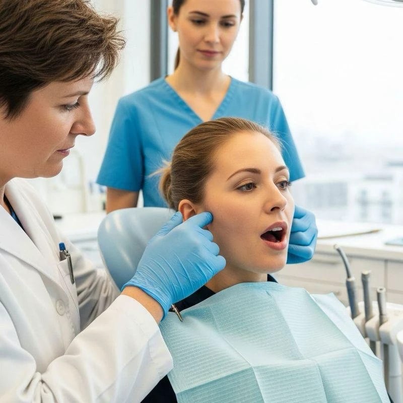 Un dentiste palpe la mâchoire d'une patiente assise au fauteuil, gants bleus