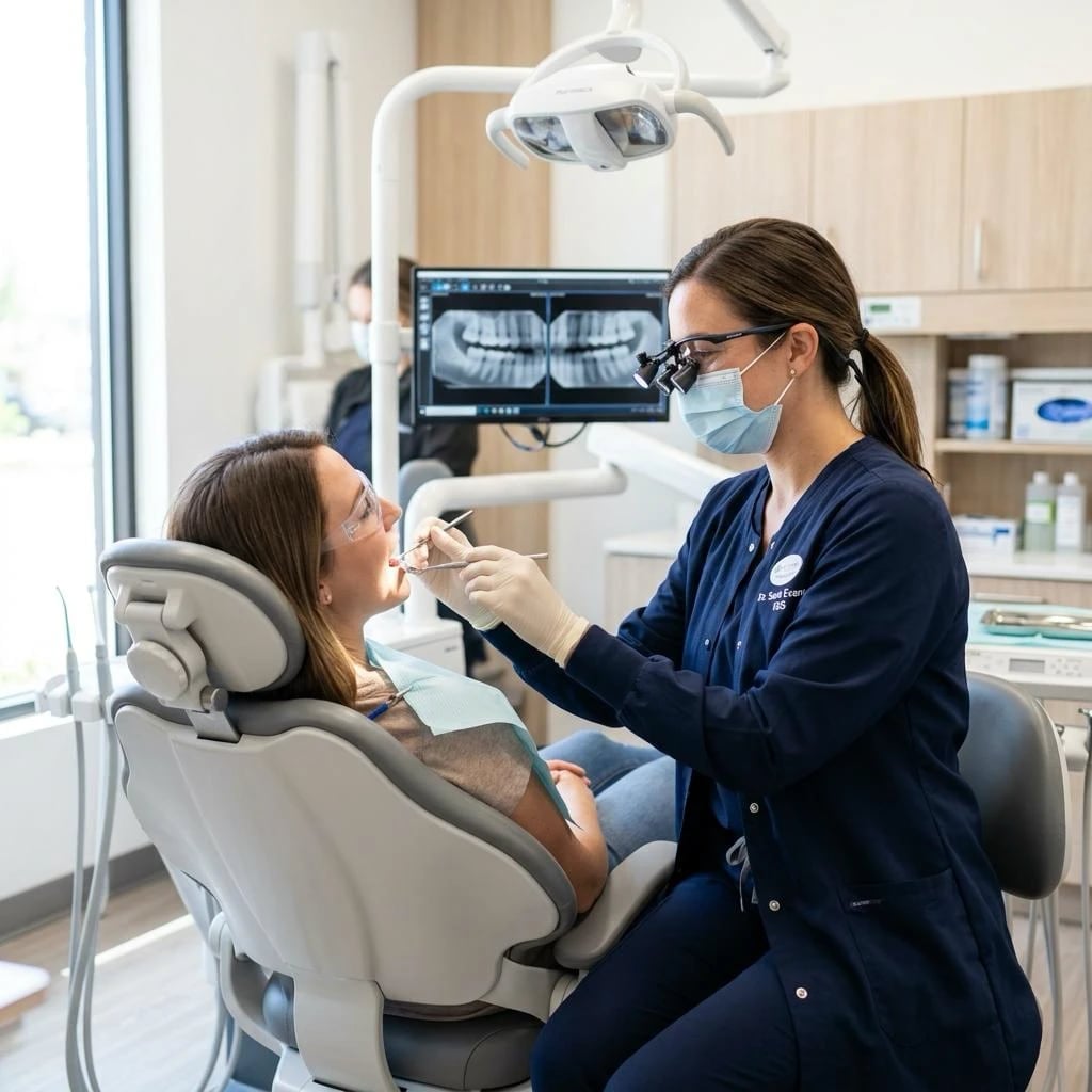 Une dentiste examine sa patiente dans une salle de traitement lumineuse